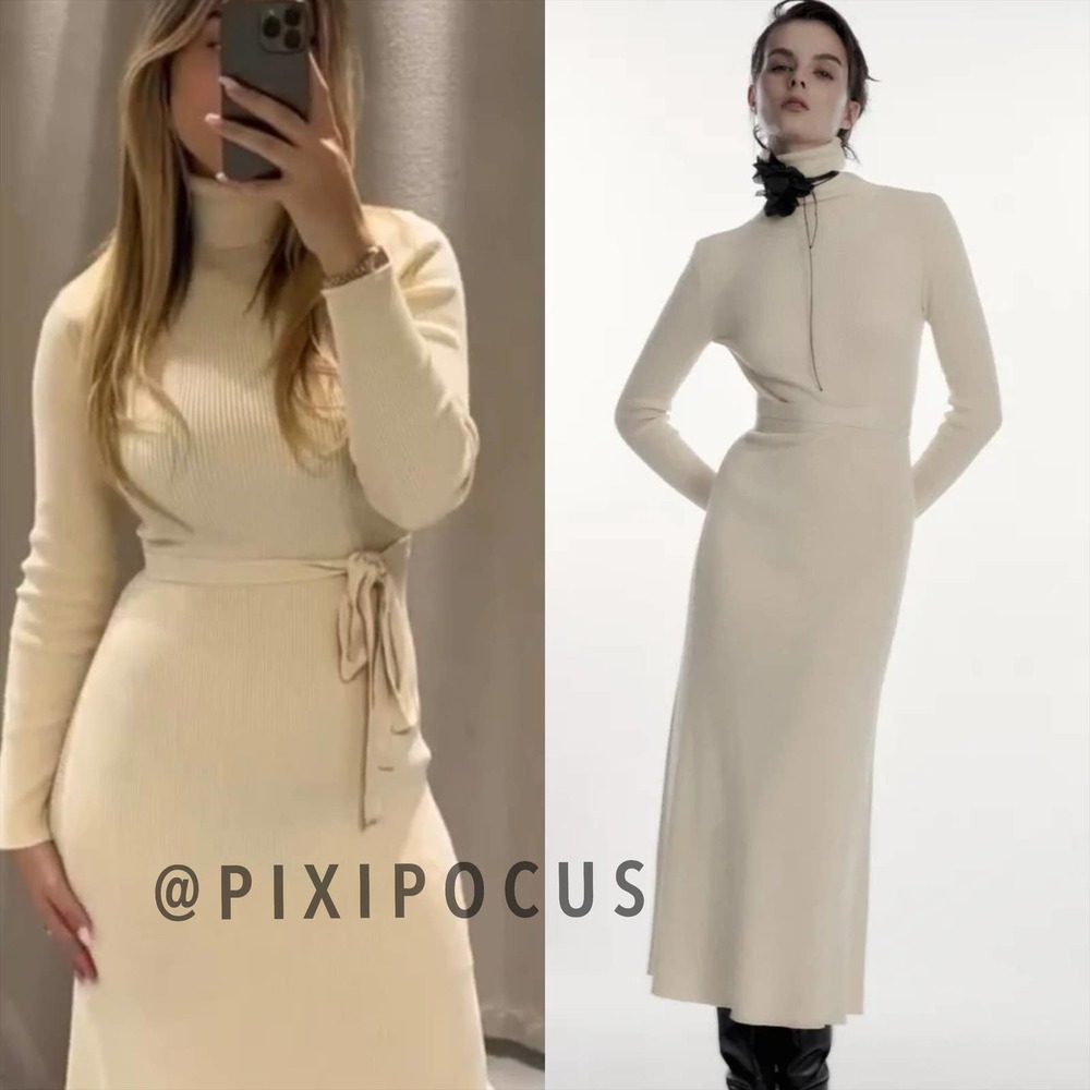 ZARA LONG KNIT BELTED MIDI DRESS CREAM WHITE